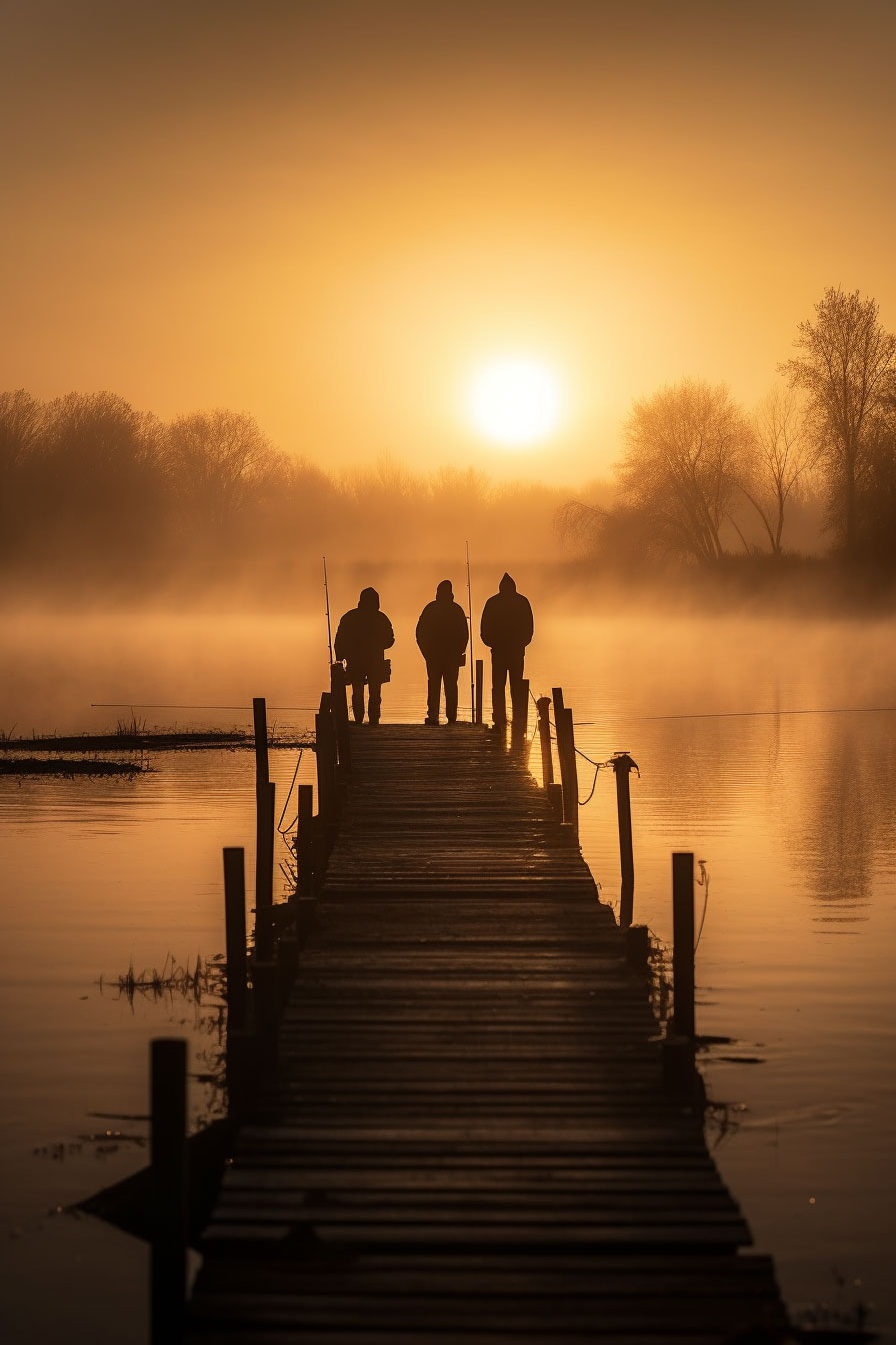 3 Angler stehen auf einem Steg und angeln