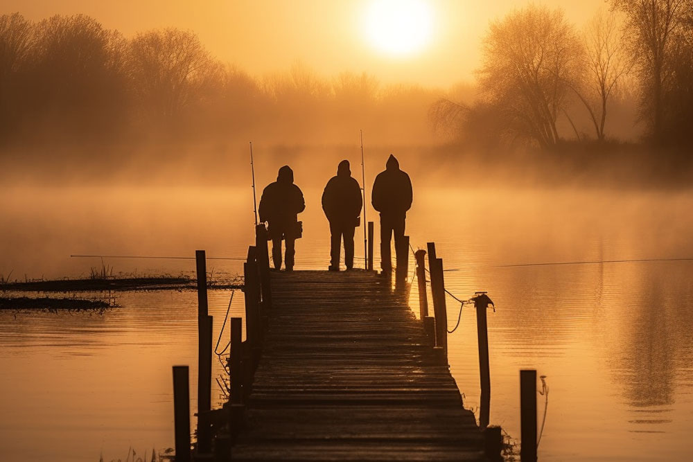 3 Angler stehen bei Sonnenaufgang auf einem Steg